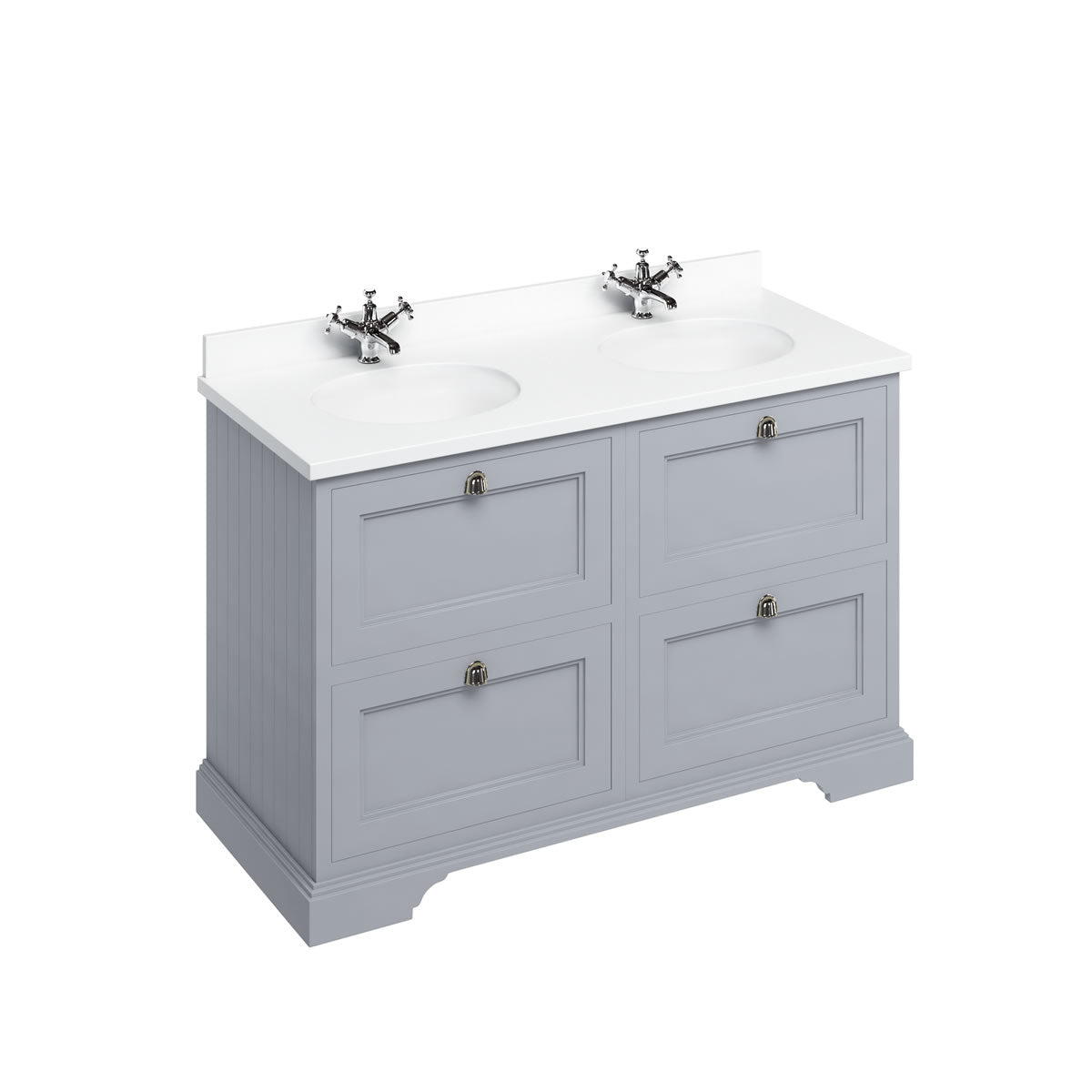 Burlington Bathrooms Freestanding 130 Unit with White Worktop, Drawers & 2 Integrated White Basins