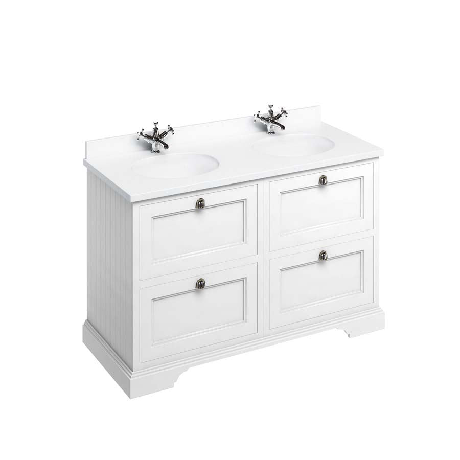 Burlington Bathrooms Freestanding 130 Unit with White Worktop, Drawers & 2 Integrated White Basins