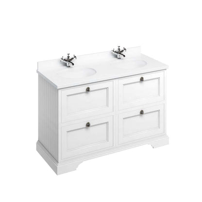 Burlington Bathrooms Freestanding 130 Unit with White Worktop, Drawers & 2 Integrated White Basins