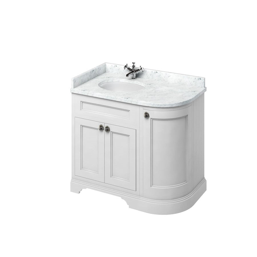 Burlington Bathrooms Freestanding 100 LH Curved Corner Unit with Carrara White Worktop and Integrated White Basin