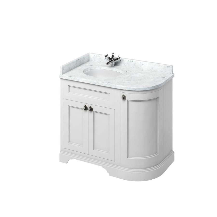 Burlington Bathrooms Freestanding 100 LH Curved Corner Unit with Carrara White Worktop and Integrated White Basin