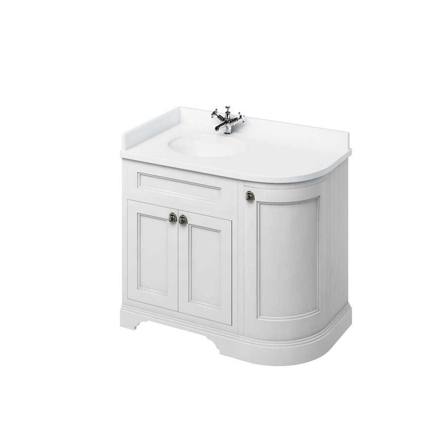 Burlington Freestanding 100 LH Curved Corner Unit with White Worktop and Integrated White Basin