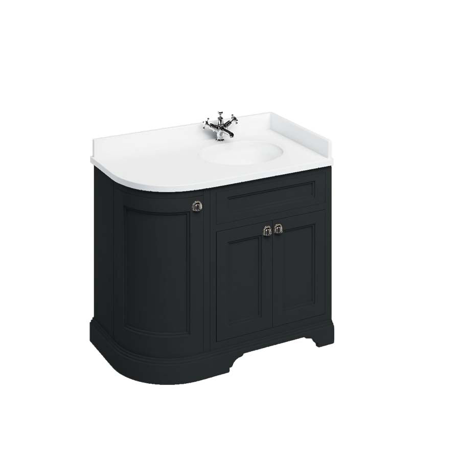 Burlington Bathrooms Freestanding 100 RH Curved Corner Unit with White Worktop and Integrated White Basin