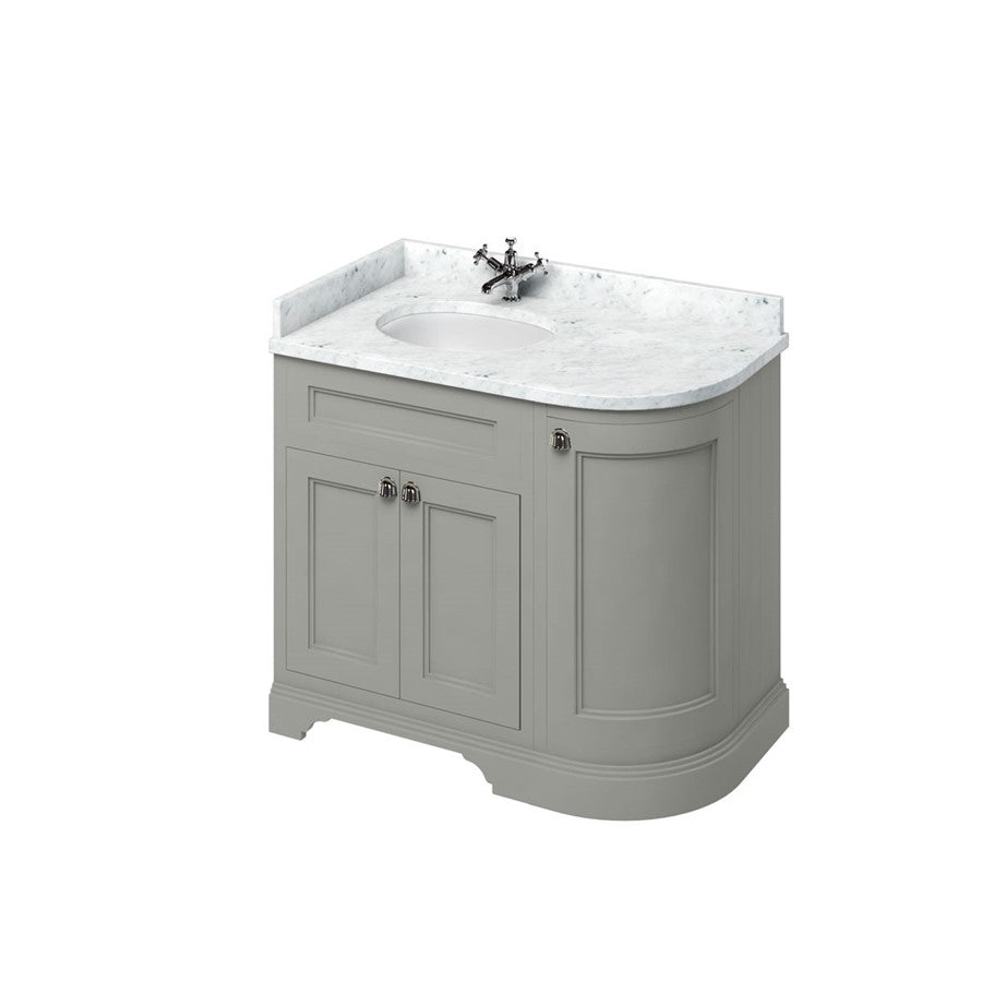 Burlington Bathrooms Freestanding 100 LH Curved Corner Unit with Carrara White Worktop and Integrated White Basin