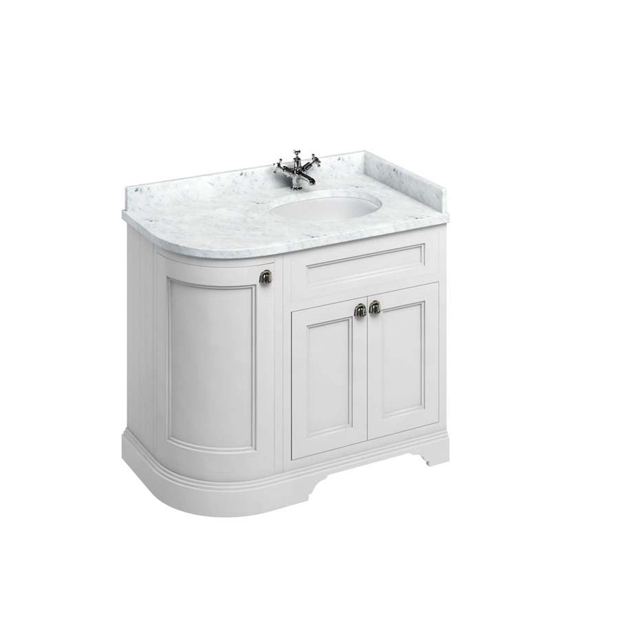 Burlington Bathrooms Freestanding 100 RH Curved Corner Unit with Carrara White Worktop and Integrated White Basin