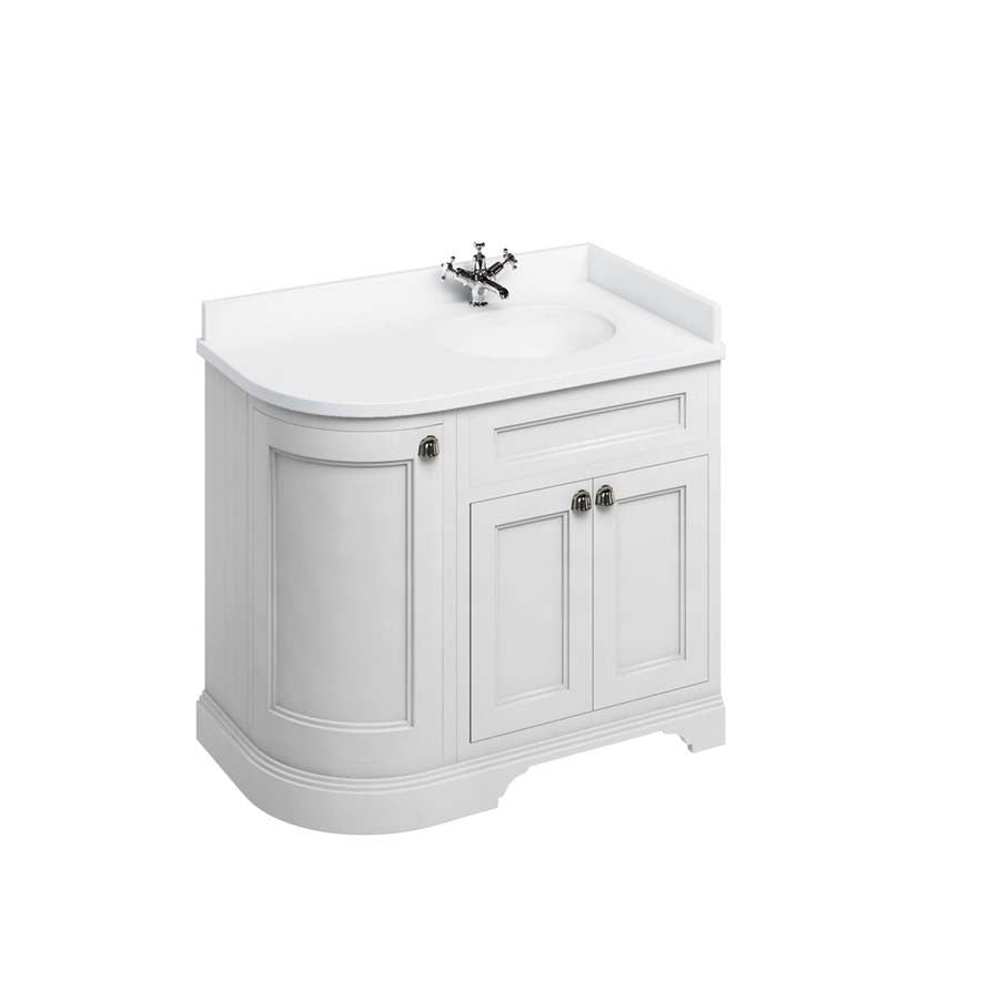 Burlington Bathrooms Freestanding 100 RH Curved Corner Unit with White Worktop and Integrated White Basin