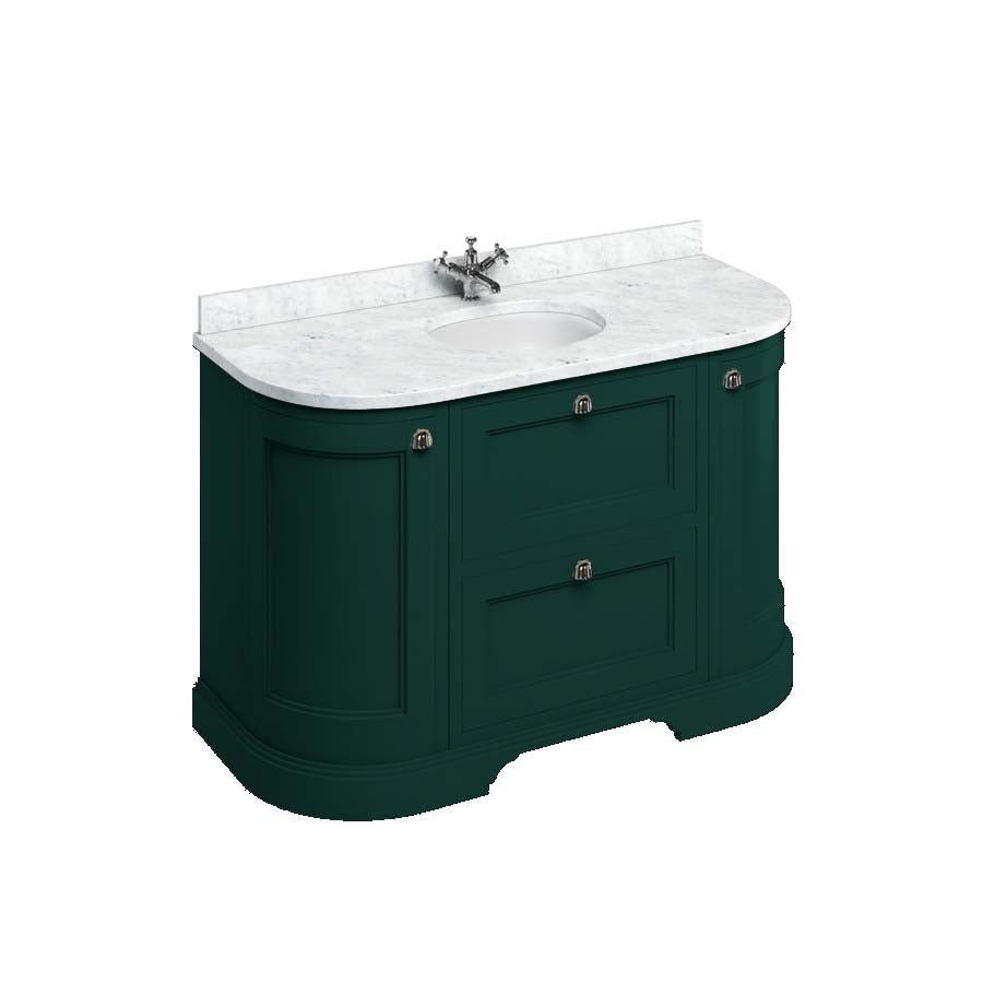 Burlington Bathrooms Freestanding 134 Curved Unit with Carrara White Worktop, Drawers & Integrated White Basin