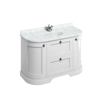 Burlington Bathrooms Freestanding 134 Curved Unit with Carrara White Worktop, Drawers & Integrated White Basin