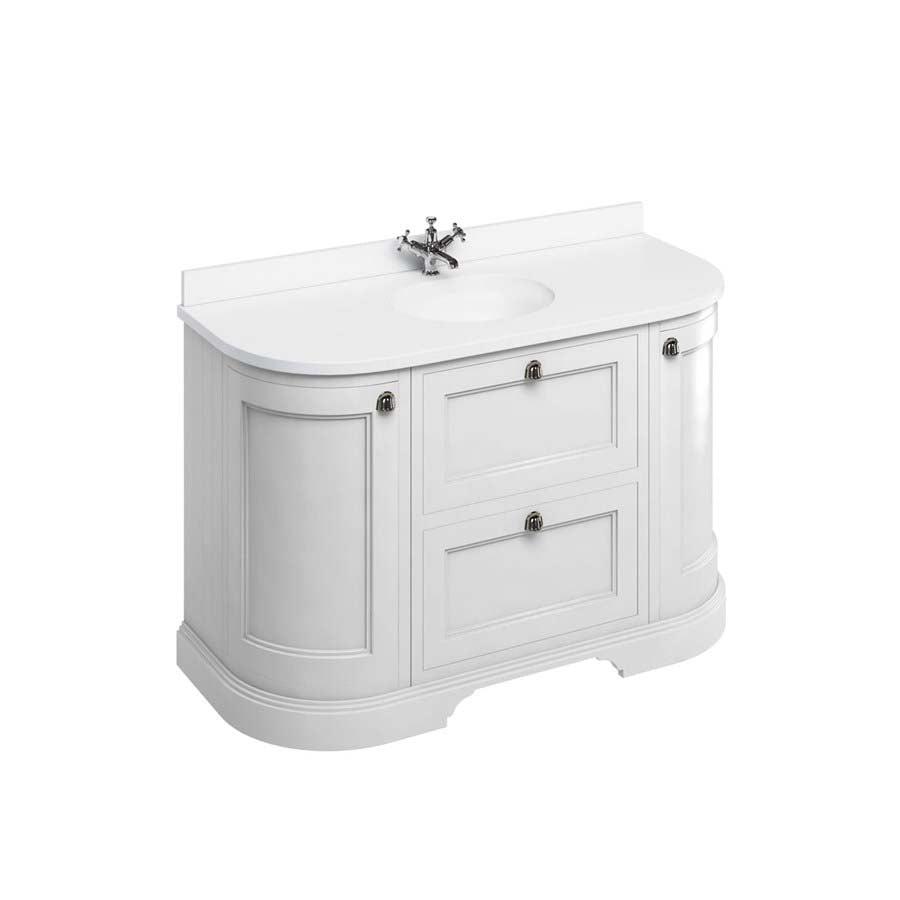 Burlington Bathrooms Freestanding 134 Curved Unit with White Worktop, Drawers & Integrated White Basin