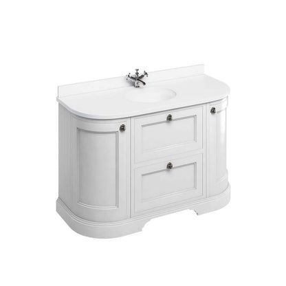 Burlington Bathrooms Freestanding 134 Curved Unit with White Worktop, Drawers & Integrated White Basin