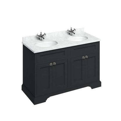 Burlington Bathrooms Freestanding 130 Unit with Carrara White Worktop, Doors & 2 Integrated White Basins