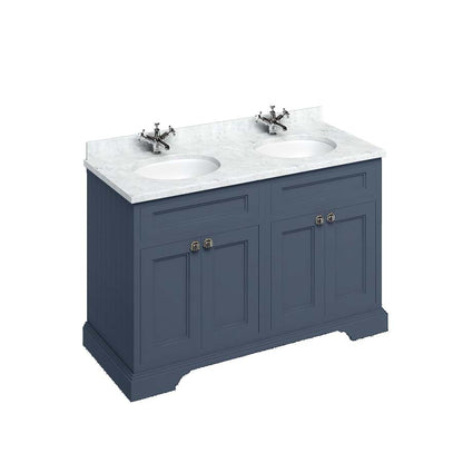 Burlington Bathrooms Freestanding 130 Unit with Carrara White Worktop, Doors & 2 Integrated White Basins