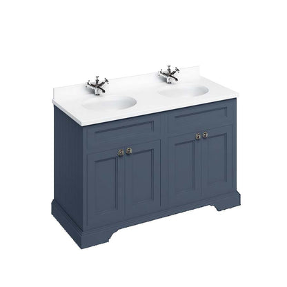 Burlington Bathrooms Freestanding 130 Unit with White Worktop, Doors & 2 Integrated White Basins