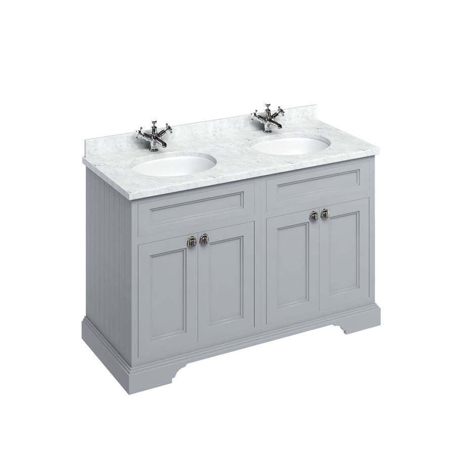 Burlington Bathrooms Freestanding 130 Unit with Carrara White Worktop, Doors & 2 Integrated White Basins