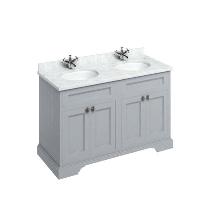Burlington Bathrooms Freestanding 130 Unit with Carrara White Worktop, Doors & 2 Integrated White Basins