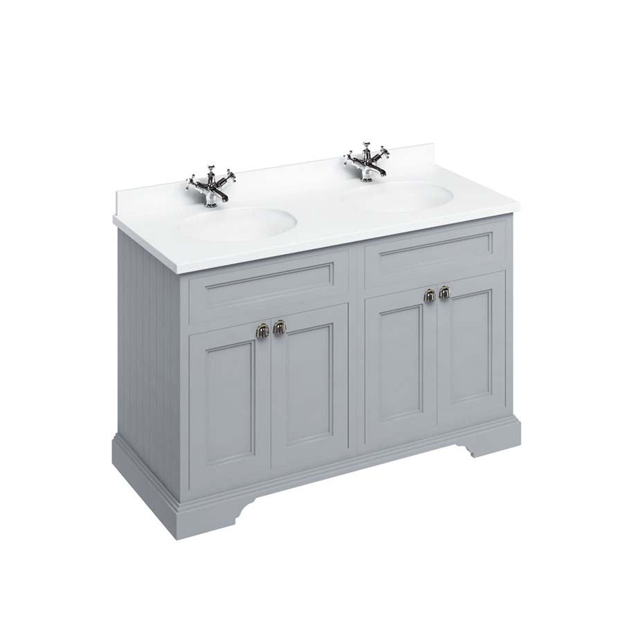 Burlington Bathrooms Freestanding 130 Unit with White Worktop, Doors & 2 Integrated White Basins