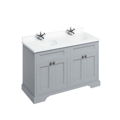 Burlington Bathrooms Freestanding 130 Unit with White Worktop, Doors & 2 Integrated White Basins