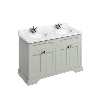 Burlington Bathrooms Freestanding 130 Unit with Carrara White Worktop, Doors & 2 Integrated White Basins