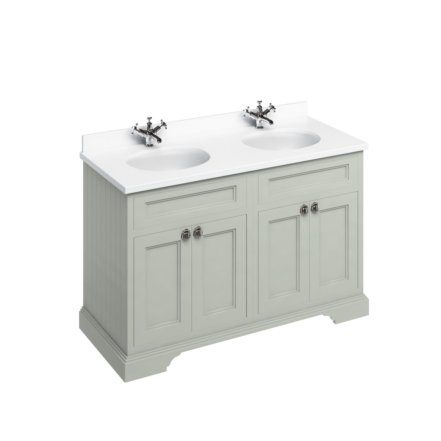 Burlington Bathrooms Freestanding 130 Unit with White Worktop, Doors & 2 Integrated White Basins