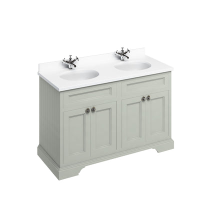 Burlington Bathrooms Freestanding 130 Unit with White Worktop, Doors & 2 Integrated White Basins