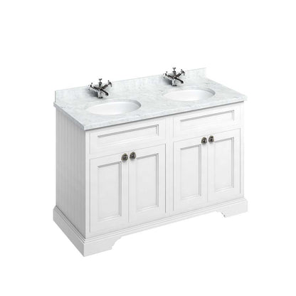 Burlington Bathrooms Freestanding 130 Unit with Carrara White Worktop, Doors & 2 Integrated White Basins