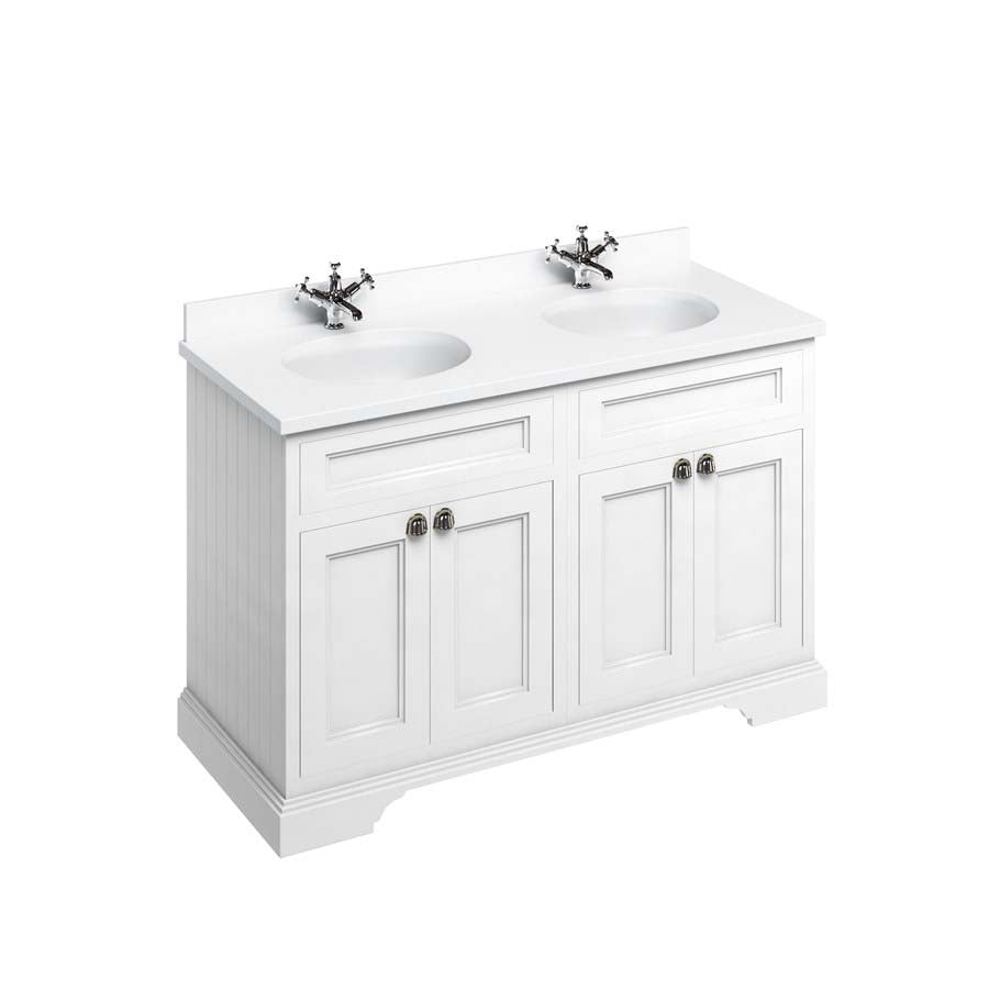 Burlington Bathrooms Freestanding 130 Unit with White Worktop, Doors & 2 Integrated White Basins