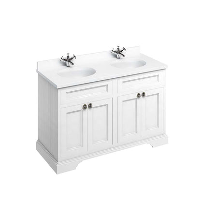 Burlington Bathrooms Freestanding 130 Unit with White Worktop, Doors & 2 Integrated White Basins