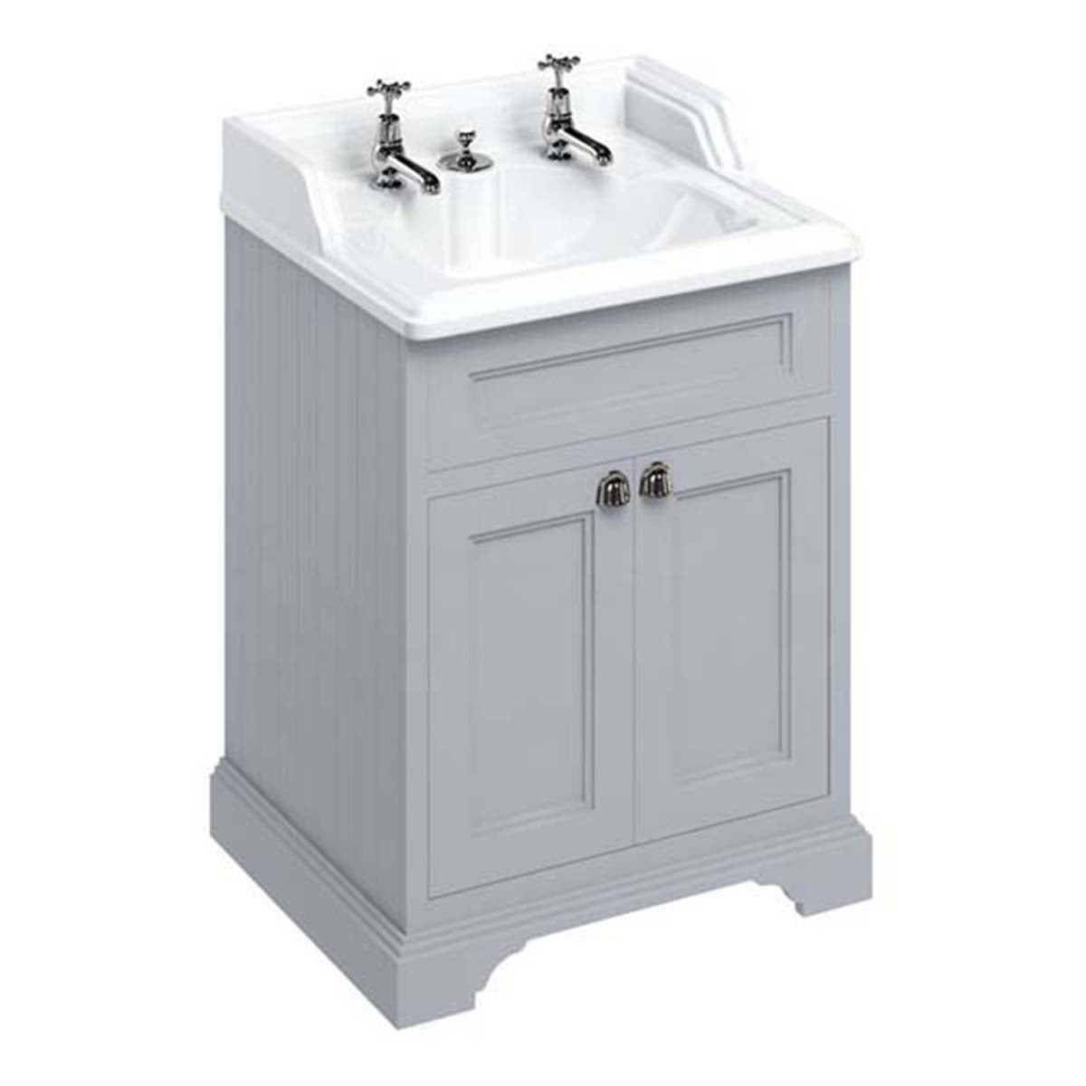 Burlington Bathrooms Freestanding 65 Vanity Unit with Doors & Classic Invisible Overflow Basin 2 Tap Holes