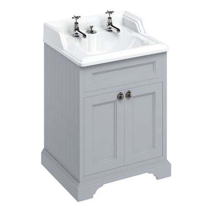 Burlington Bathrooms Freestanding 65 Vanity Unit with Doors & Classic Invisible Overflow Basin 2 Tap Holes