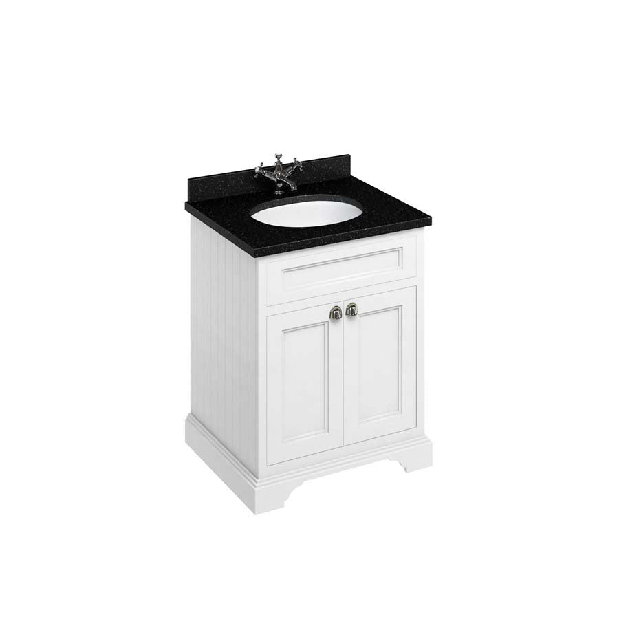 Burlington Bathrooms Freestanding 65 Unit with Black Granite Worktop, Doors and Integrated White Basin
