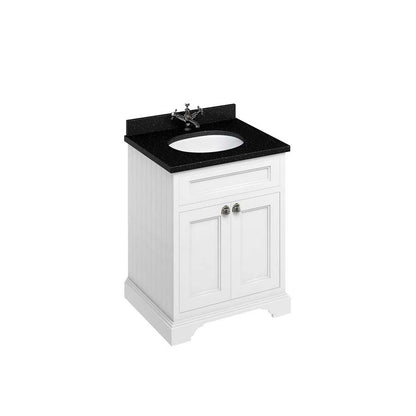 Burlington Bathrooms Freestanding 65 Unit with Black Granite Worktop, Doors and Integrated White Basin