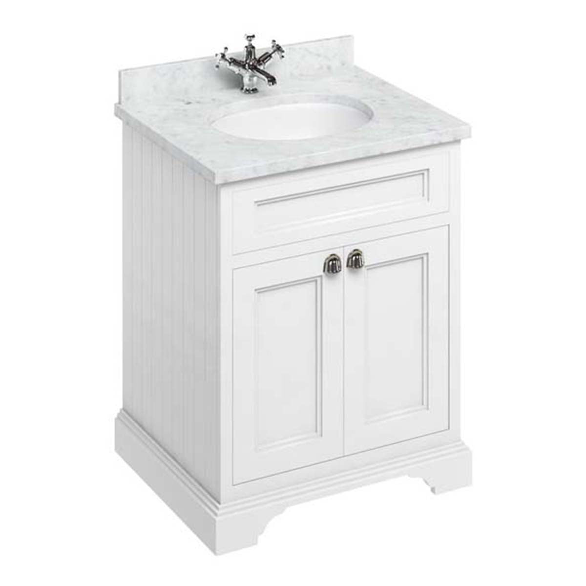 Burlington Bathrooms Freestanding 65 Unit with Carrara White Worktop, Doors and Integrated White Basin