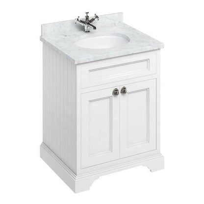 Burlington Bathrooms Freestanding 65 Unit with Carrara White Worktop, Doors and Integrated White Basin