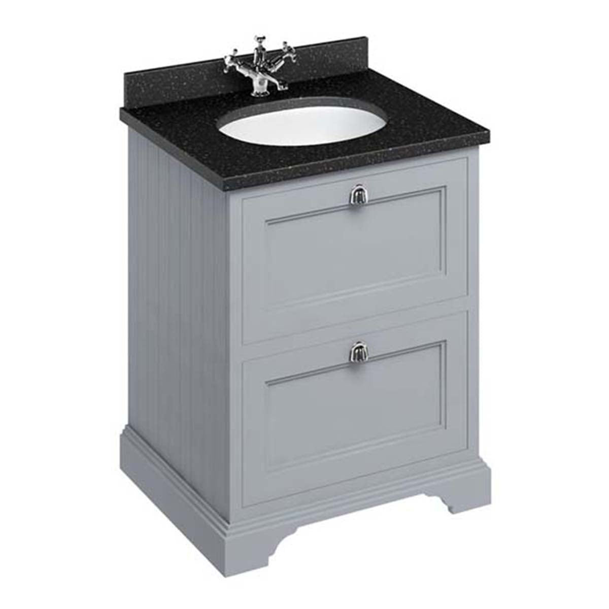 Burlington Bathrooms Freestanding 65 Unit with Black Granite Worktop, 2 Drawers and Integrated White Basin