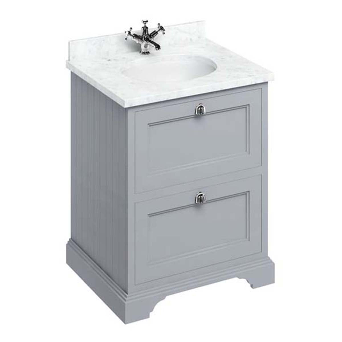Burlington Bathrooms Freestanding 65 Unit with Carrara White Worktop, 2 Drawers and Integrated White Basin