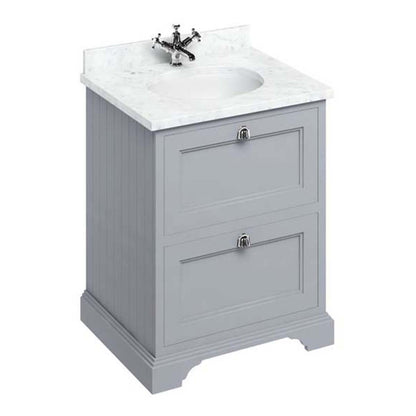 Burlington Bathrooms Freestanding 65 Unit with Carrara White Worktop, 2 Drawers and Integrated White Basin