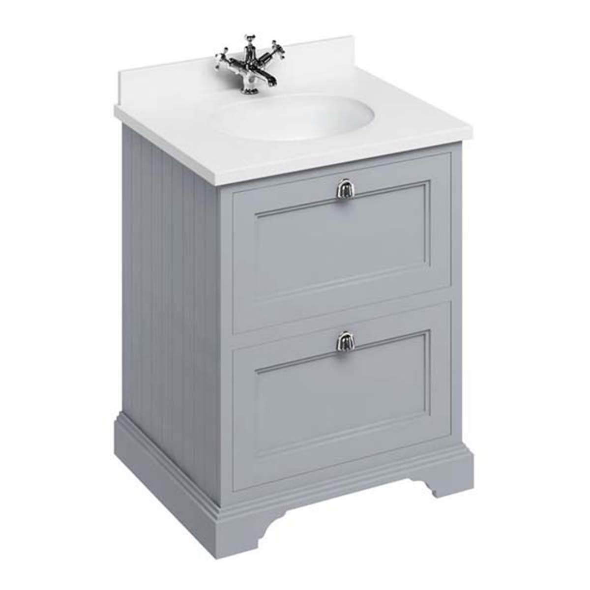 Burlington Bathrooms Freestanding 65 Unit with White Worktop, 2 Drawers and Integrated White Basin