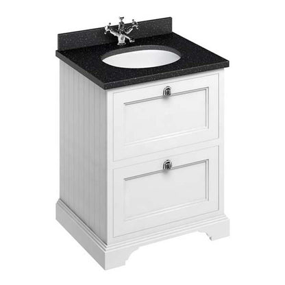 Burlington Bathrooms Freestanding 65 Unit with Black Granite Worktop, 2 Drawers and Integrated White Basin