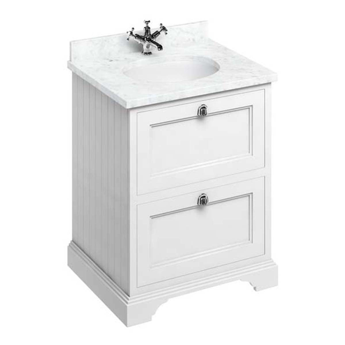 Burlington Bathrooms Freestanding 65 Unit with Carrara White Worktop, 2 Drawers and Integrated White Basin