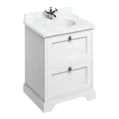 Burlington Bathrooms Freestanding 65 Unit with Carrara White Worktop, 2 Drawers and Integrated White Basin