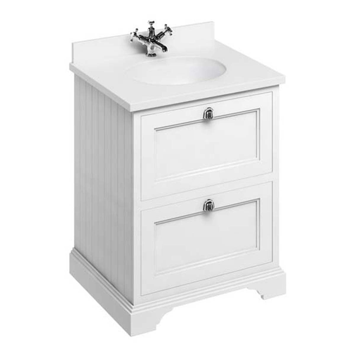Burlington Bathrooms Freestanding 65 Unit with White Worktop, 2 Drawers and Integrated White Basin