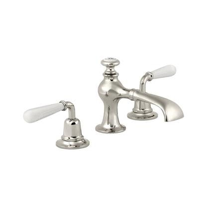 Lefroy Brooks La Chapelle flared spout basin mixer with white torpille levers & pop-up waste