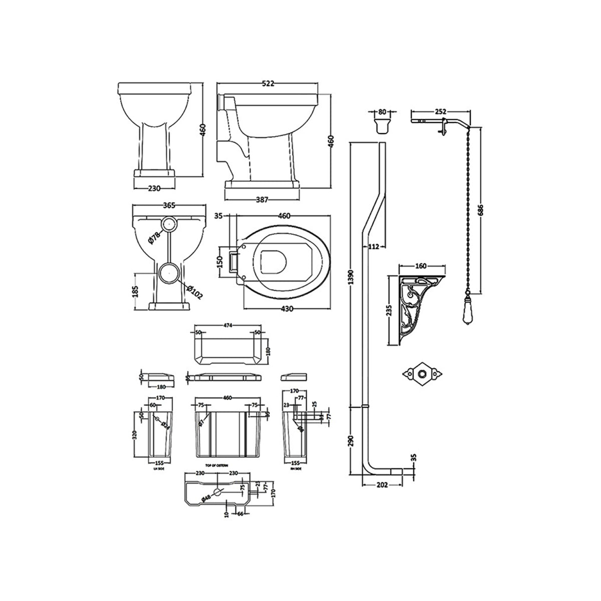 Hudson Reed Richmond High Level WC Pan with Cistern and Flush Pipe Kit - 465 x 625 x 2140mm