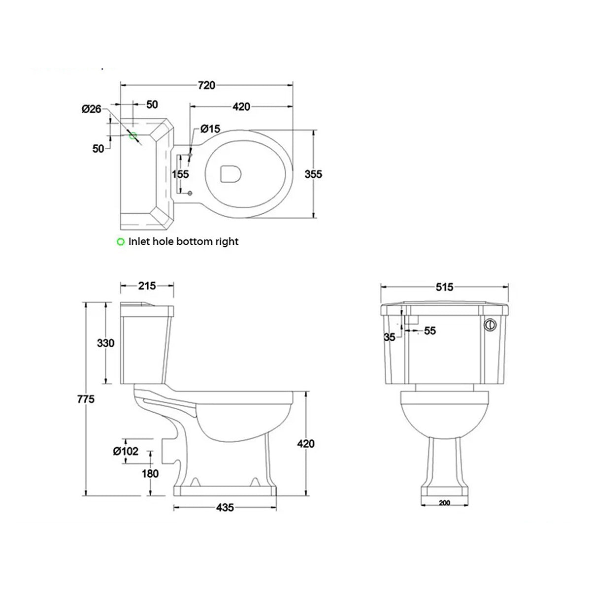 Burlington P20-C1 White Rimless Close Coupled WC Pan and 51cm Cistern With Ceramic Lever â€“ 515 x 720 x 775mm