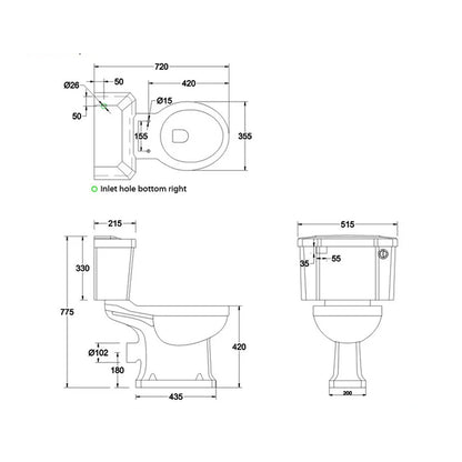 Burlington P20-C1 White Rimless Close Coupled WC Pan and 51cm Cistern With Ceramic Lever â€“ 515 x 720 x 775mm