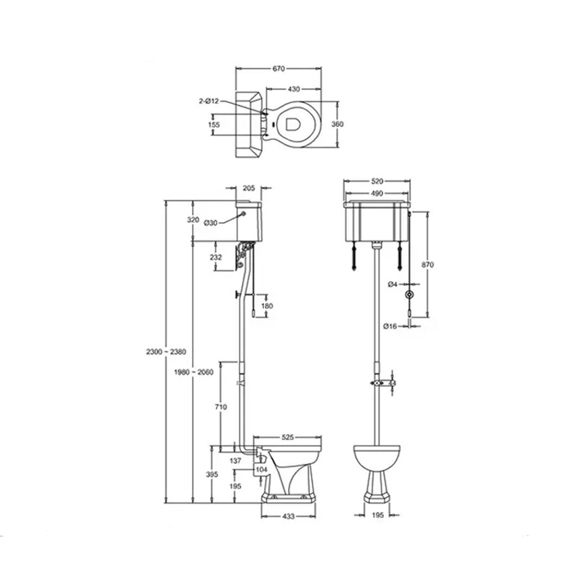 Burlington P2-C5-T30CHR White High-Level WC Cistern With Flush Kit - 520mm x 670mm x 2300mm