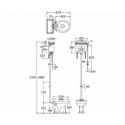 Burlington P2-T30-CHR-T60-BLAP2-C5-T30CHR White High-Level WC With Black Aluminium Cistern - 429mm x 670mm x 2320mm