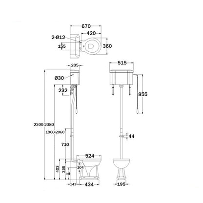 Burlington P2-C28S-T30-CHR White High Level WC With Single Flush Cistern And Flush Pipe Kit