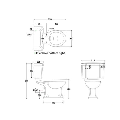 Burlington P20-C1 White Rimless Close Coupled WC Pan and 51cm Cistern With Ceramic Lever â€“ 515 x 720 x 775mm