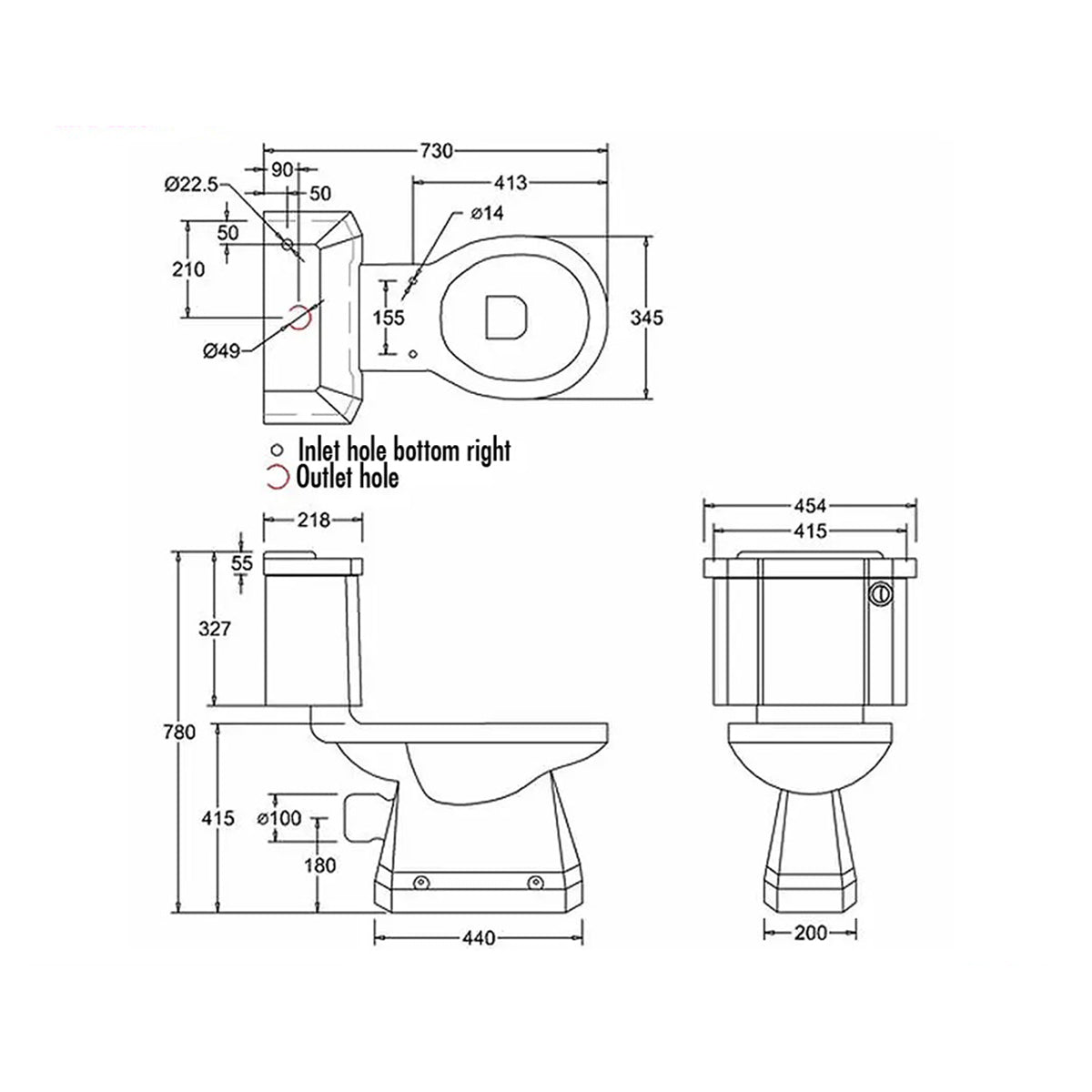 Burlington P5-C4 White Slimline Closed Coupled WC With Front Button Cistern €œ 730mm